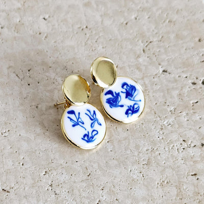 925 Small Blue White GOLD Vermeil Stud Hoop Earring Blue Azulejo Inspired Statement Handmade Gift Enamel Hoop Gift Wife Jewelry for Her
