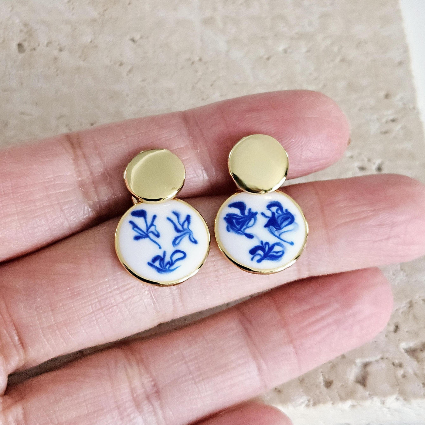 925 Small Blue White GOLD Vermeil Stud Hoop Earring Blue Azulejo Inspired Statement Handmade Gift Enamel Hoop Gift Wife Jewelry for Her