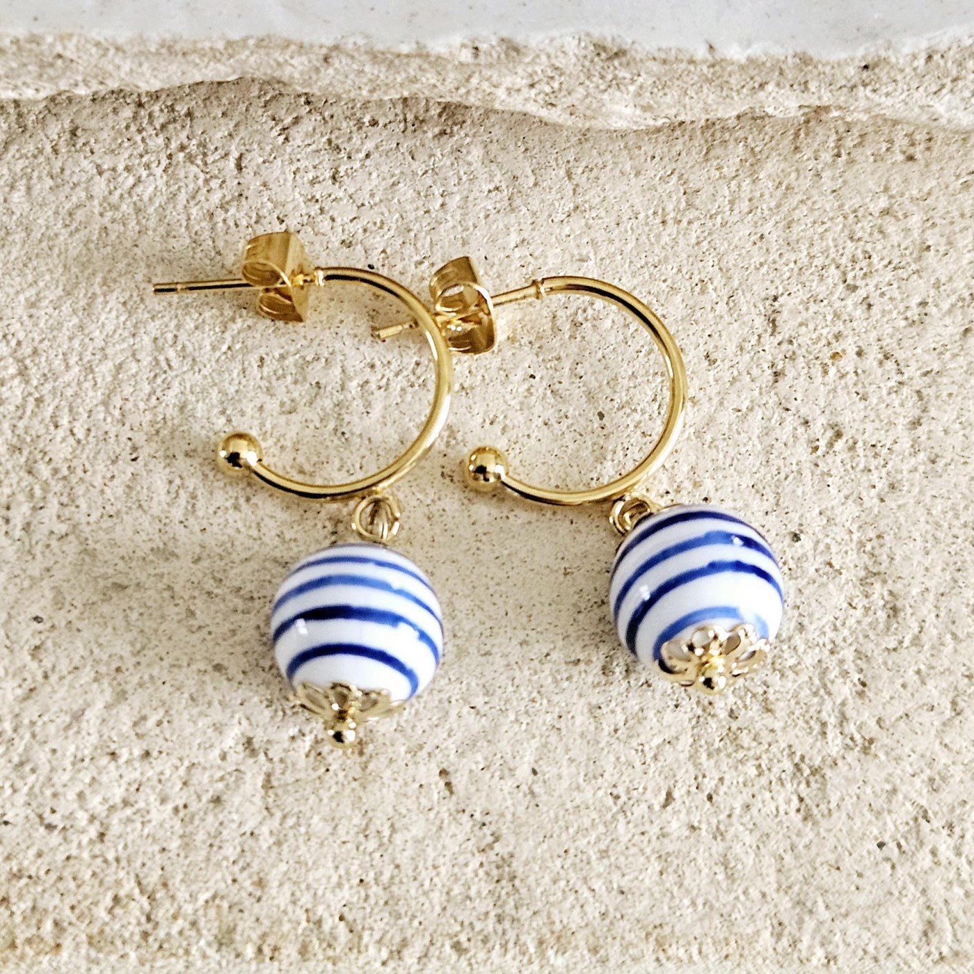 GOLD Hoop Ceramic Globe Stripe Blue Bead Earring Porcelain Ceramic Earring Blue White Geometric Jewelry Ear Earring Pottery Birthday Gift