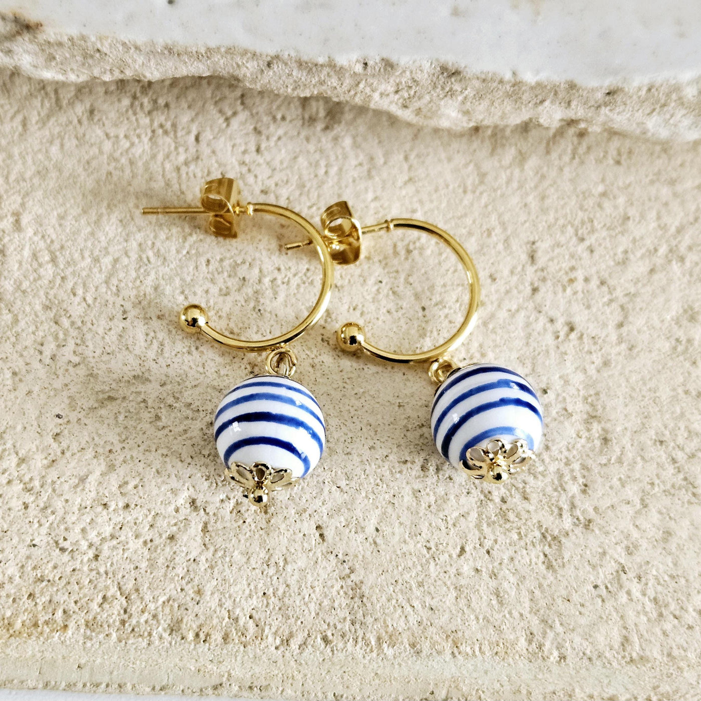 GOLD Hoop Ceramic Globe Stripe Blue Bead Earring Porcelain Ceramic Earring Blue White Geometric Jewelry Ear Earring Pottery Birthday Gift