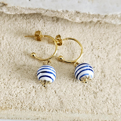 GOLD Hoop Ceramic Globe Stripe Blue Bead Earring Porcelain Ceramic Earring Blue White Geometric Jewelry Ear Earring Pottery Birthday Gift