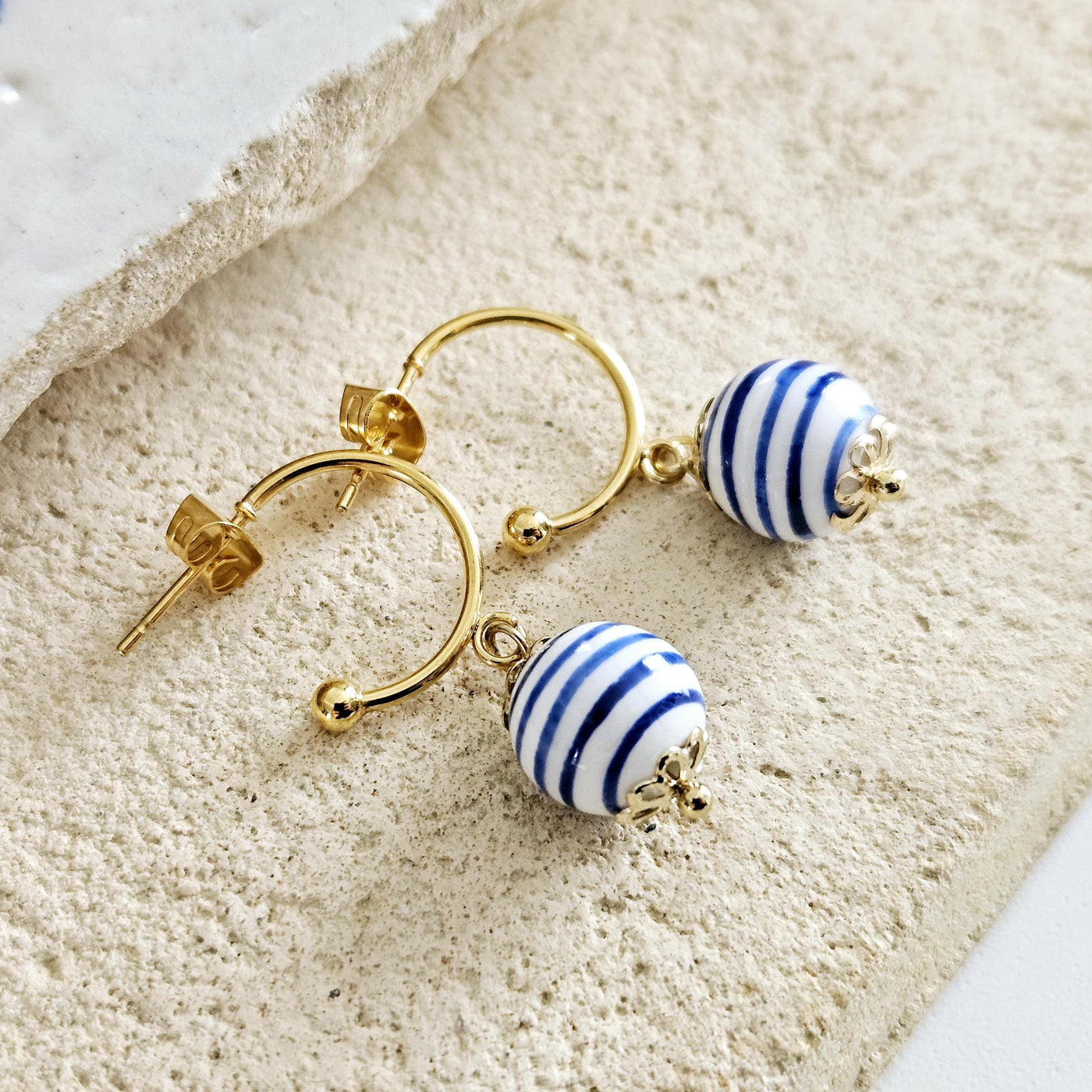 GOLD Hoop Ceramic Globe Stripe Blue Bead Earring Porcelain Ceramic Earring Blue White Geometric Jewelry Ear Earring Pottery Birthday Gift