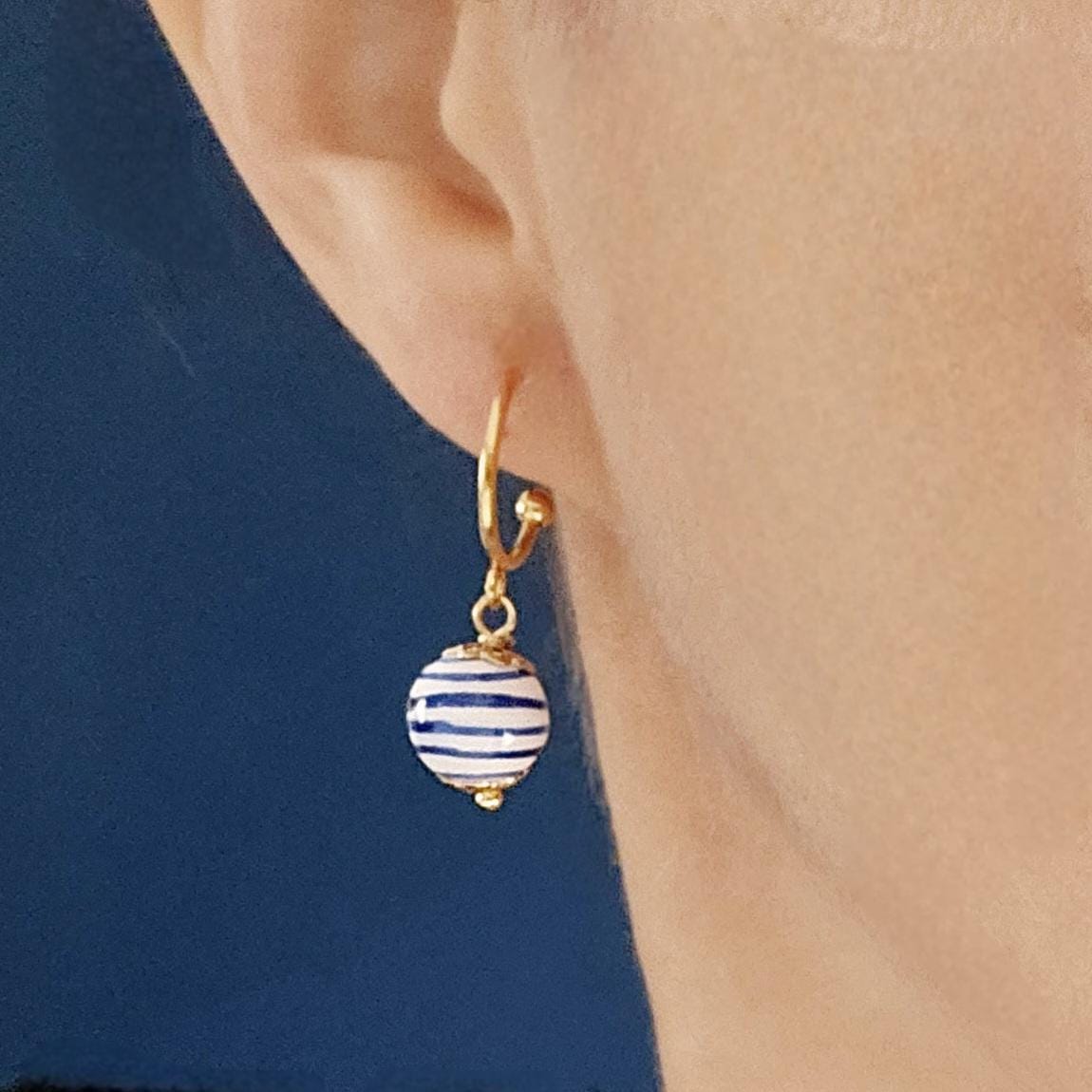 GOLD Hoop Ceramic Globe Stripe Blue Bead Earring Porcelain Ceramic Earring Blue White Geometric Jewelry Ear Earring Pottery Birthday Gift