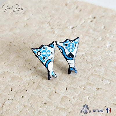 Portugal Tile Cod Shape Stud Earring Blue Fish Post Earring Vintage Tile Bacalhau Jewelry Wood Gift Anniversary Gift Travel Vacation Gift