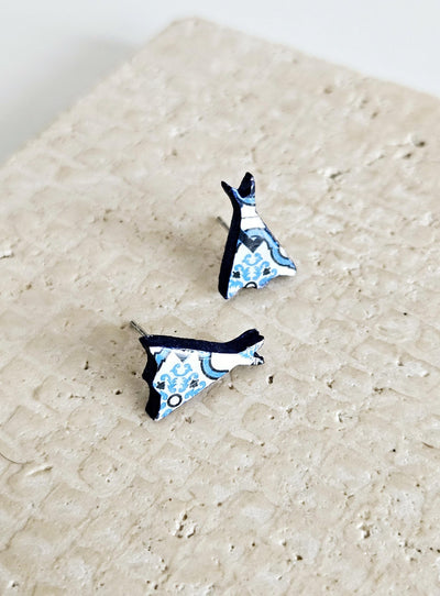 Portugal Tile Cod Shape Stud Earring Blue Fish Post Earring Vintage Tile Bacalhau Jewelry Wood Gift Anniversary Gift Travel Vacation Gift