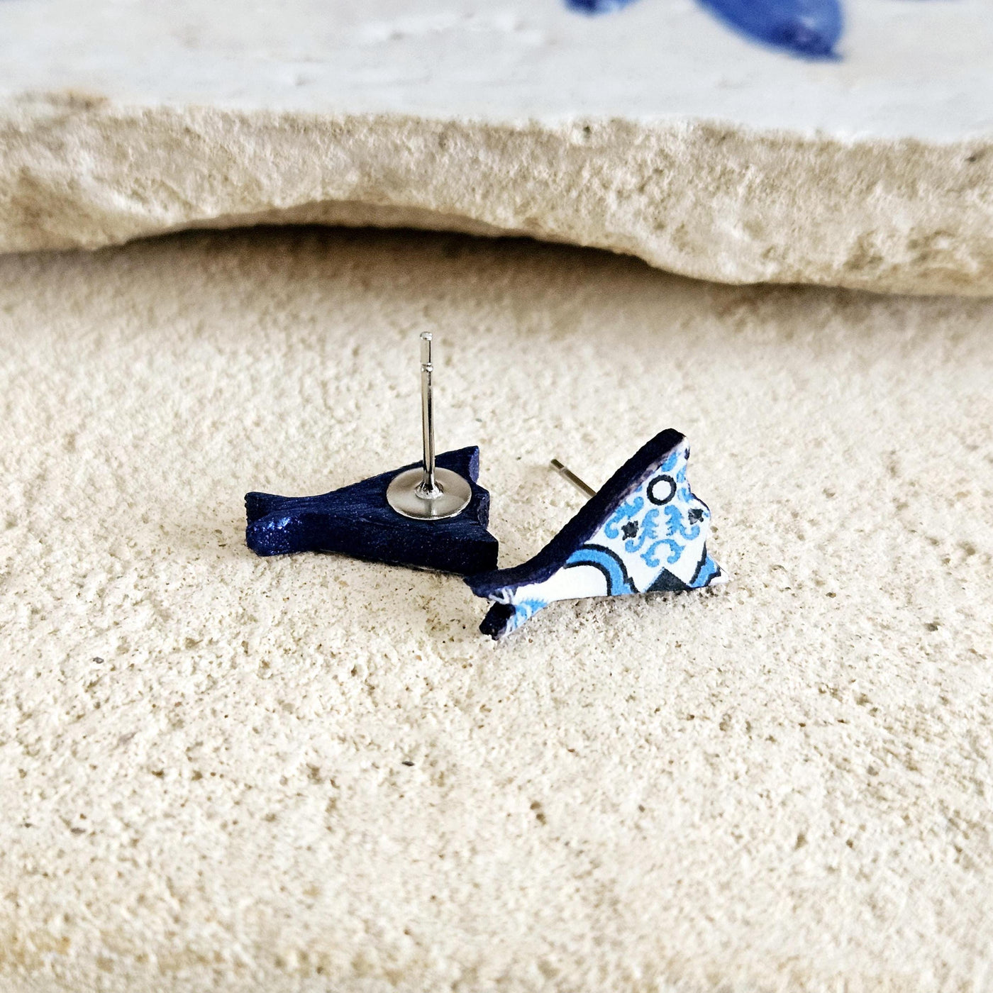 Portugal Tile Cod Shape Stud Earring Blue Fish Post Earring Vintage Tile Bacalhau Jewelry Wood Gift Anniversary Gift Travel Vacation Gift