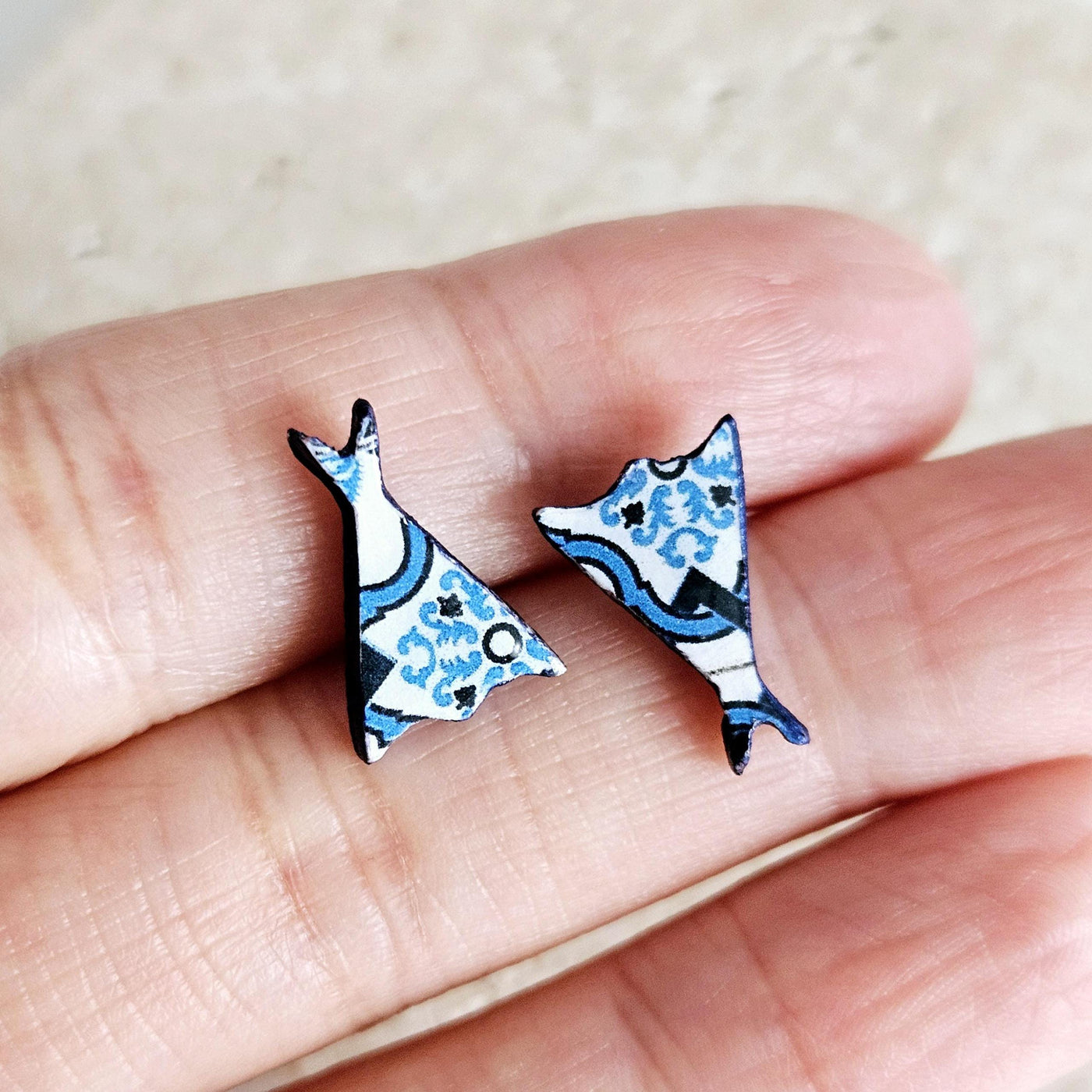 Portugal Tile Cod Shape Stud Earring Blue Fish Post Earring Vintage Tile Bacalhau Jewelry Wood Gift Anniversary Gift Travel Vacation Gift