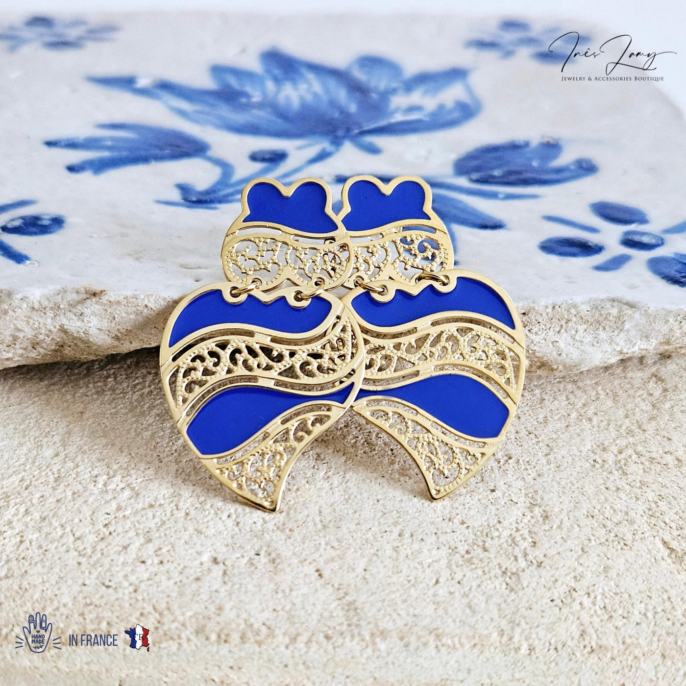 GOLD Viana Heart Indigo BLUE Earring Filigree Steel Stud Heart Earring Lightweight Handmade Jewelry Gift Wedding Jewelry Gift from Portugal