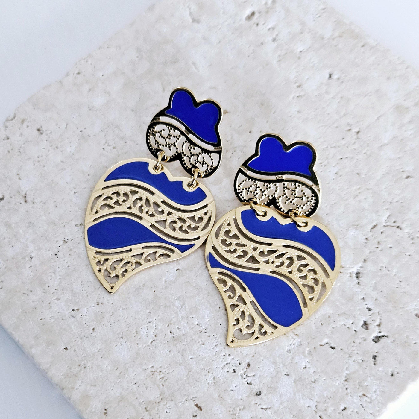 GOLD Viana Heart Indigo BLUE Earring Filigree Steel Stud Heart Earring Lightweight Handmade Jewelry Gift Wedding Jewelry Gift from Portugal