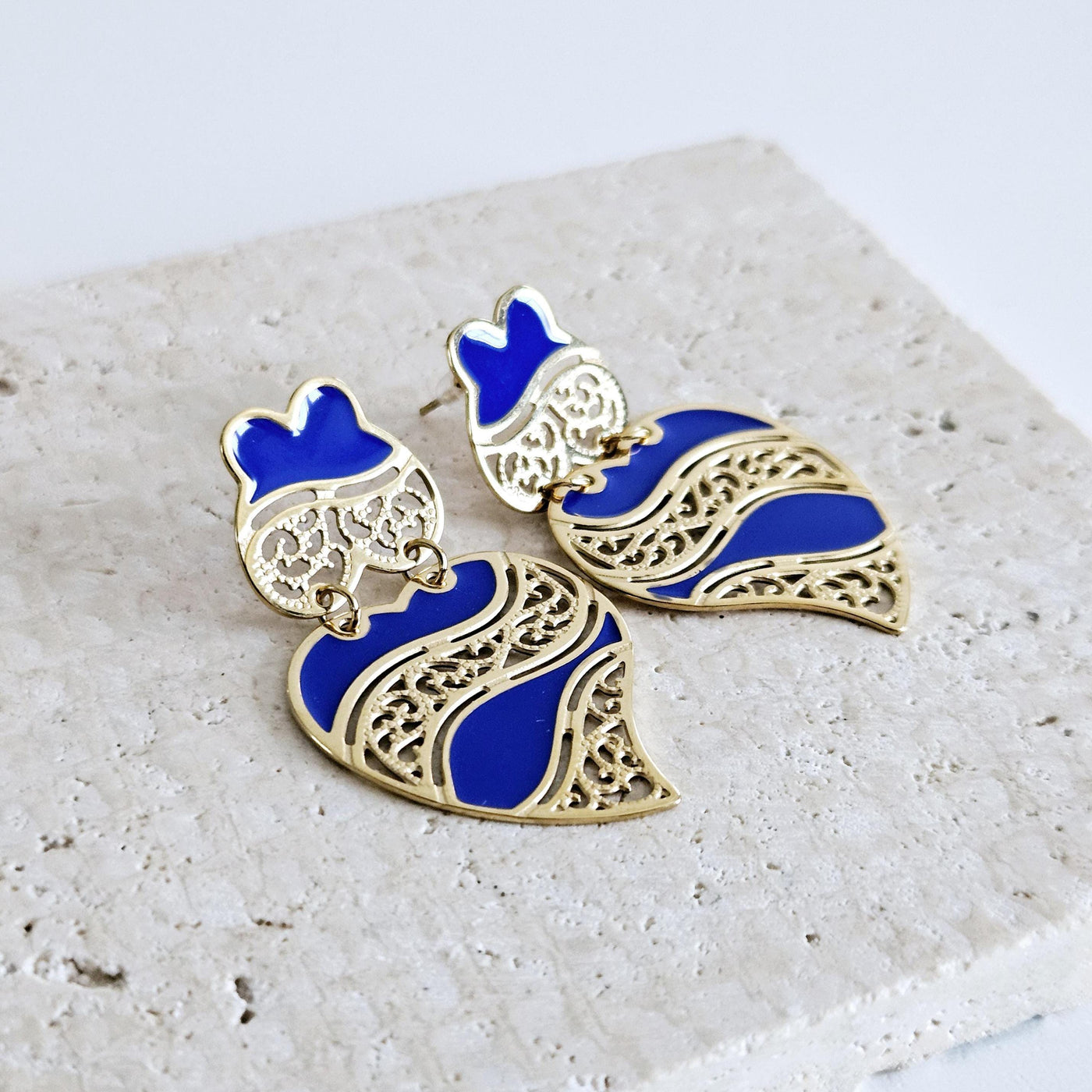 GOLD Viana Heart Indigo BLUE Earring Filigree Steel Stud Heart Earring Lightweight Handmade Jewelry Gift Wedding Jewelry Gift from Portugal