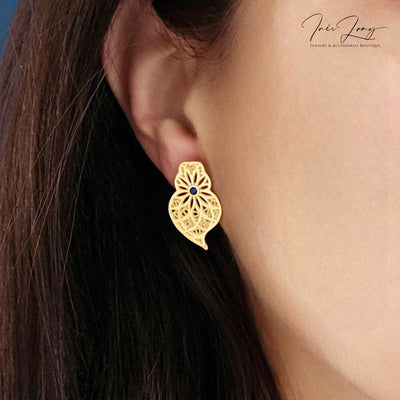 GOLD Steel Filigree Viana Heart Indigo Blue Dot Earring Stud Heart Earring Lightweight Handmade Jewelry Gift Wedding Jewelry Portugal Gift