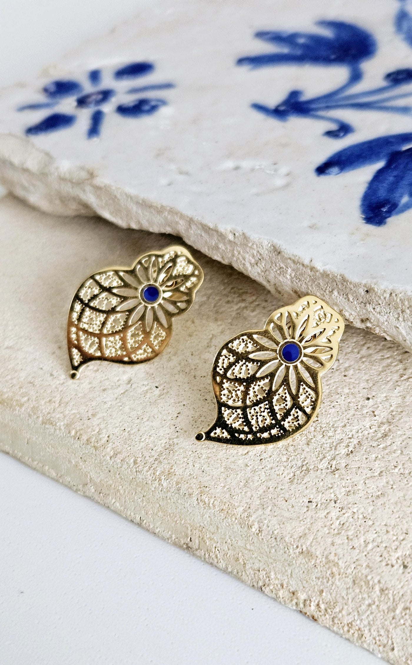 GOLD Steel Filigree Viana Heart Indigo Blue Dot Earring Stud Heart Earring Lightweight Handmade Jewelry Gift Wedding Jewelry Portugal Gift