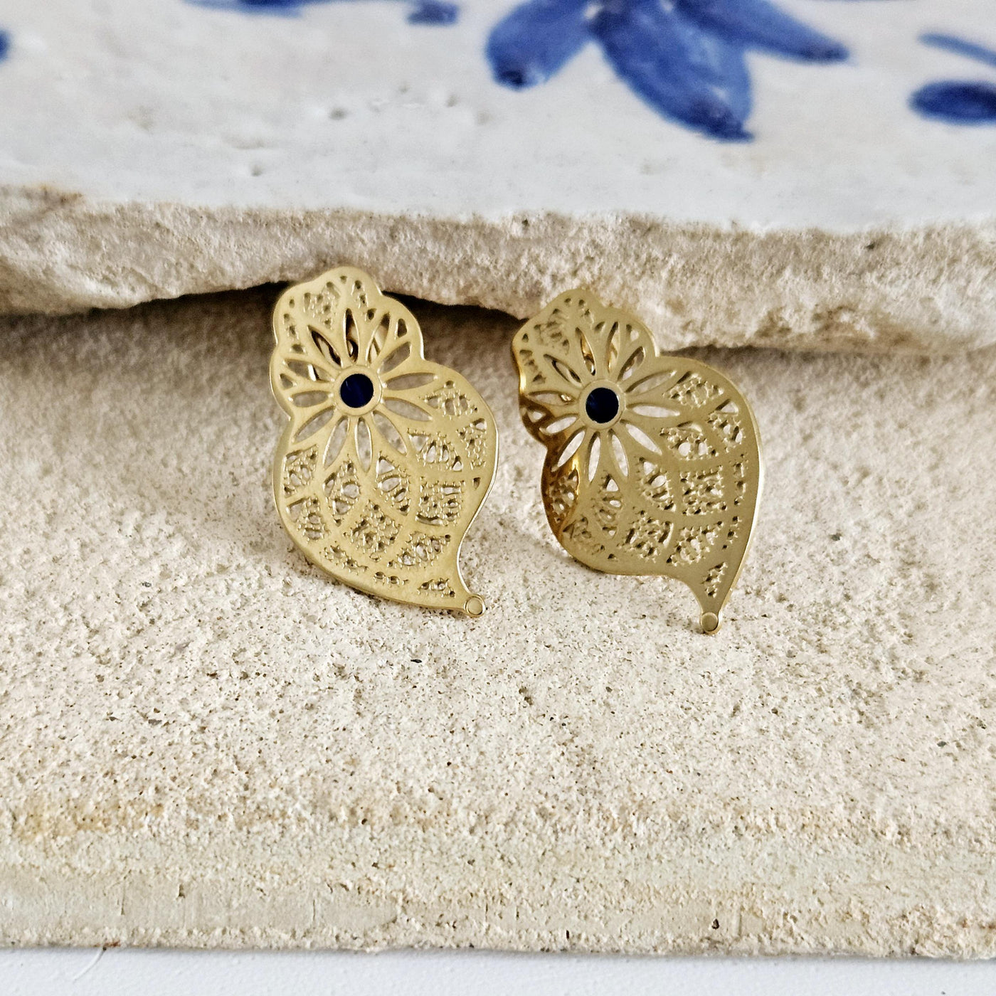 GOLD Steel Filigree Viana Heart Indigo Blue Dot Earring Stud Heart Earring Lightweight Handmade Jewelry Gift Wedding Jewelry Portugal Gift