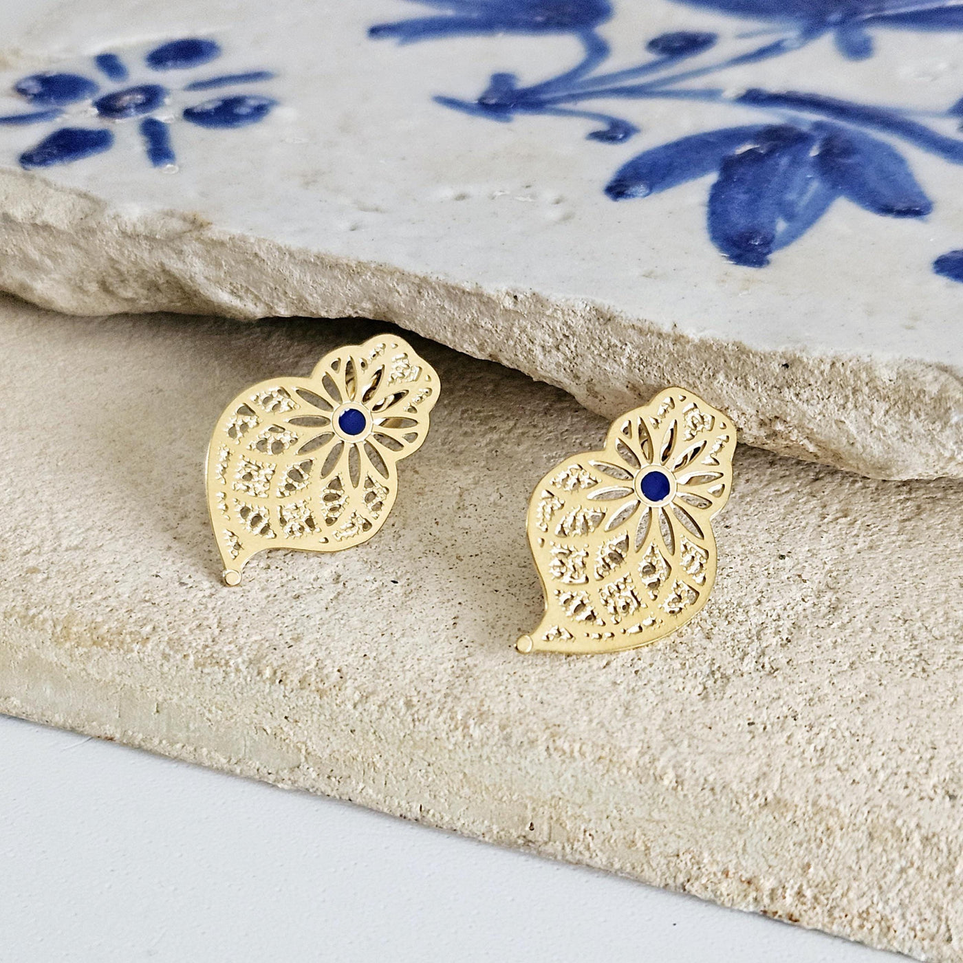 GOLD Steel Filigree Viana Heart Indigo Blue Dot Earring Stud Heart Earring Lightweight Handmade Jewelry Gift Wedding Jewelry Portugal Gift