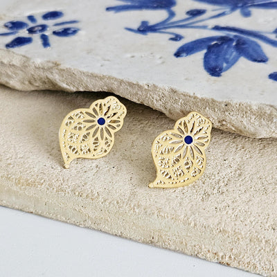 GOLD Steel Filigree Viana Heart Indigo Blue Dot Earring Stud Heart Earring Lightweight Handmade Jewelry Gift Wedding Jewelry Portugal Gift