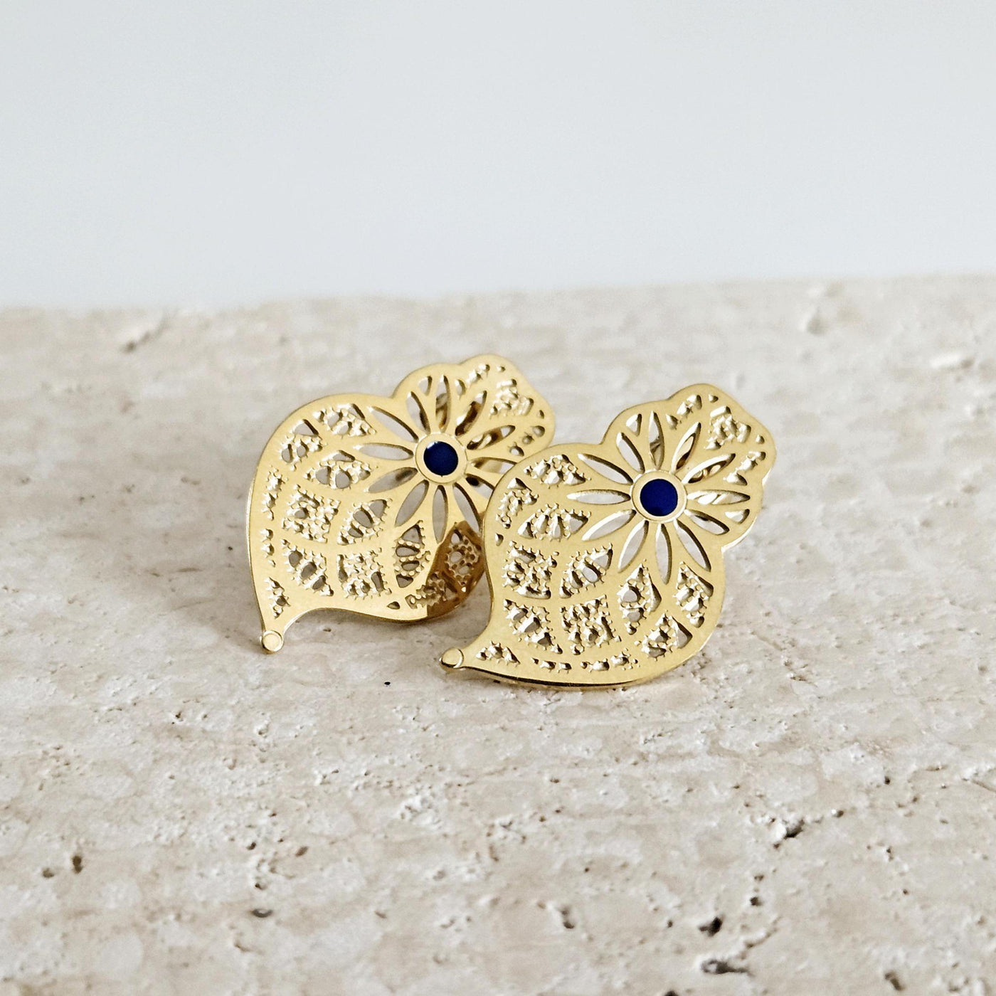 GOLD Steel Filigree Viana Heart Indigo Blue Dot Earring Stud Heart Earring Lightweight Handmade Jewelry Gift Wedding Jewelry Portugal Gift