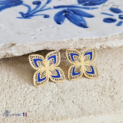 GOLD Steel Filigree Flower Indigo Blue Enamel Earring Stud Four Petal Flower Earring Lightweight Jewelry Portugal Gift Anniversary Wife Gift