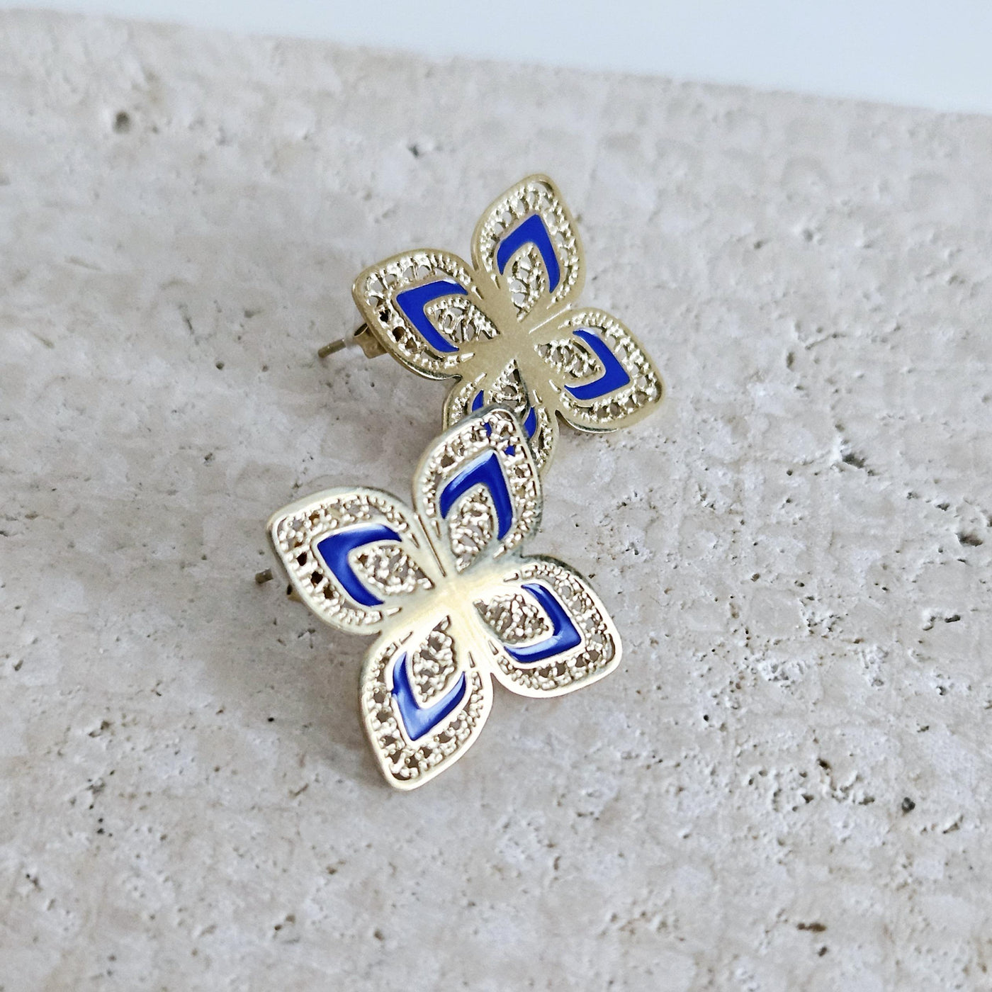 GOLD Steel Filigree Flower Indigo Blue Enamel Earring Stud Four Petal Flower Earring Lightweight Jewelry Portugal Gift Anniversary Wife Gift