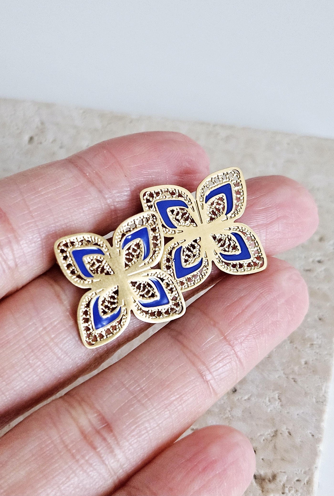 GOLD Steel Filigree Flower Indigo Blue Enamel Earring Stud Four Petal Flower Earring Lightweight Jewelry Portugal Gift Anniversary Wife Gift
