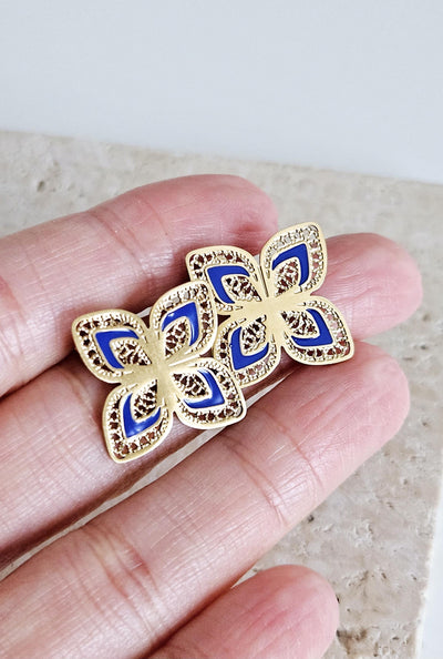 GOLD Steel Filigree Flower Indigo Blue Enamel Earring Stud Four Petal Flower Earring Lightweight Jewelry Portugal Gift Anniversary Wife Gift