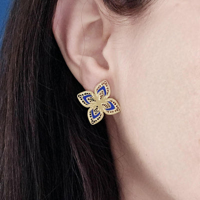 GOLD Steel Filigree Flower Indigo Blue Enamel Earring Stud Four Petal Flower Earring Lightweight Jewelry Portugal Gift Anniversary Wife Gift