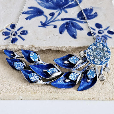 Portugal BLUE Tile Necklace Lily Flower Statement Large Silver Pendant Portuguese Maximalist Jewelry Gift Handmade Tile Anniversary Gift