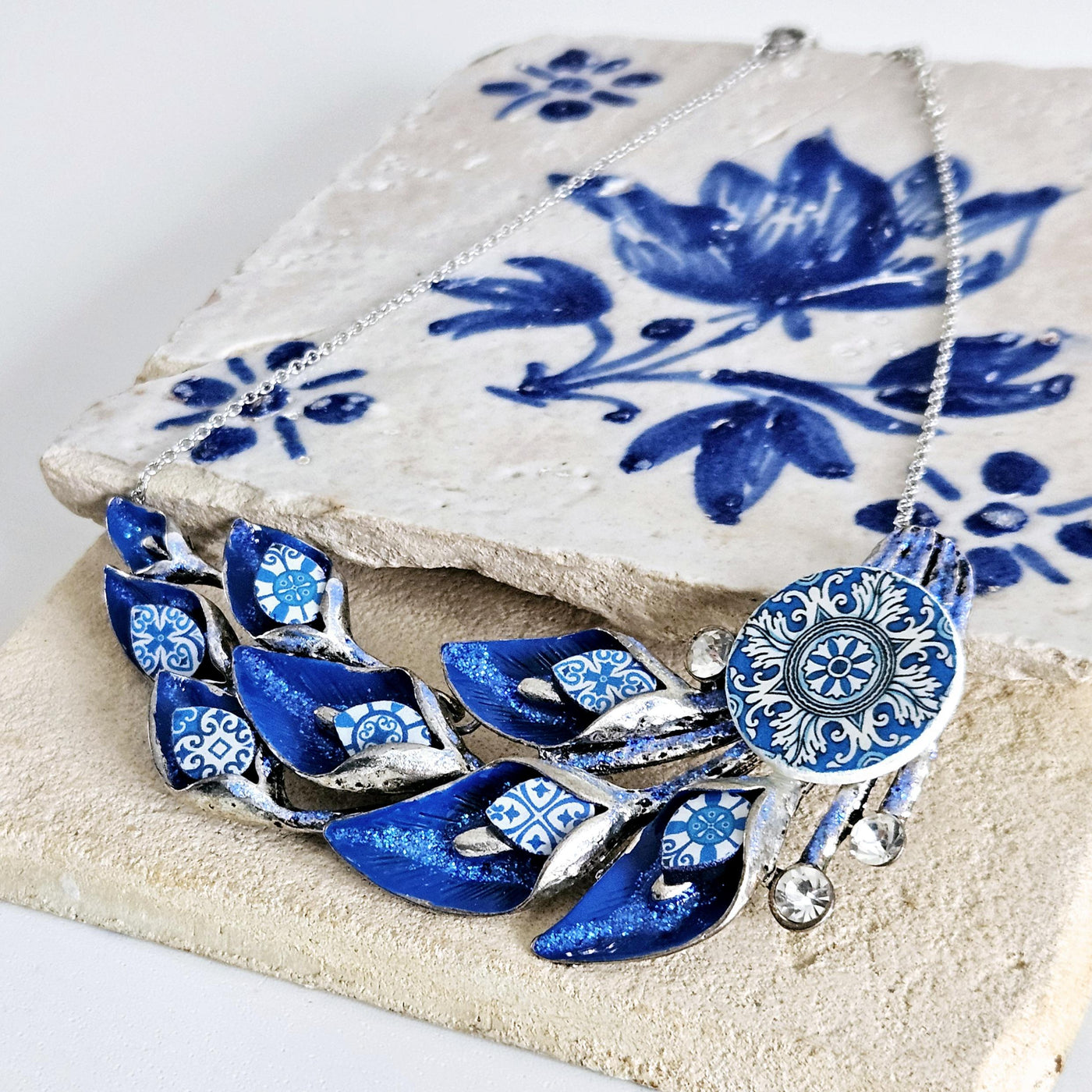 Portugal BLUE Tile Necklace Lily Flower Statement Large Silver Pendant Portuguese Maximalist Jewelry Gift Handmade Tile Anniversary Gift