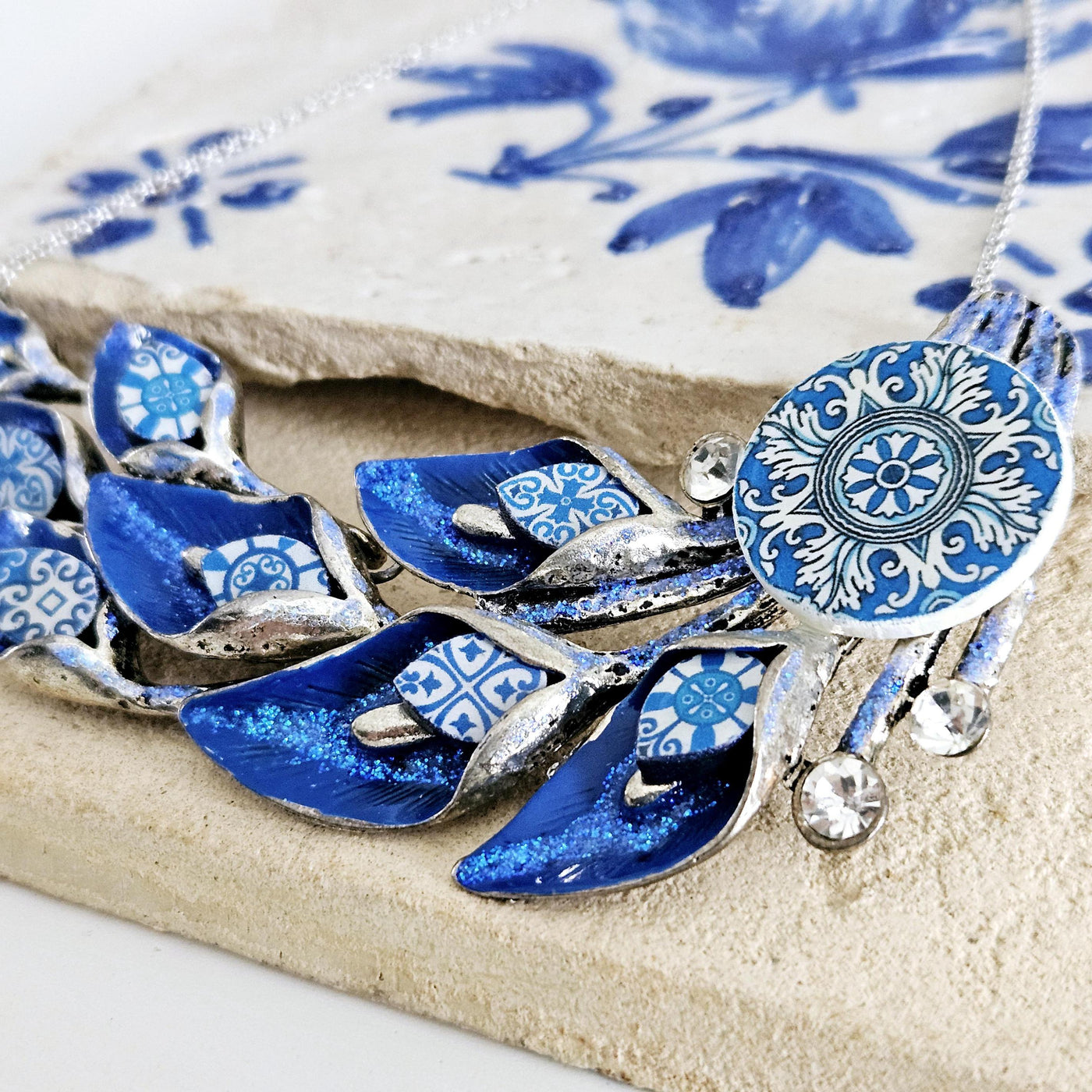 Portugal BLUE Tile Necklace Lily Flower Statement Large Silver Pendant Portuguese Maximalist Jewelry Gift Handmade Tile Anniversary Gift