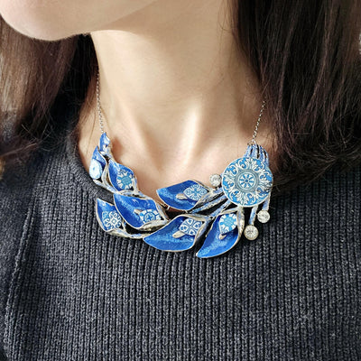 Portugal BLUE Tile Necklace Lily Flower Statement Large Silver Pendant Portuguese Maximalist Jewelry Gift Handmade Tile Anniversary Gift