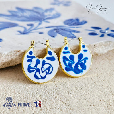Gold Hoop Earrings Blue White Enamel Portugal Ocean Wave Pattern Handcrafted Unique Gift for Her Anniversary Jewelry Mediterranean Gift