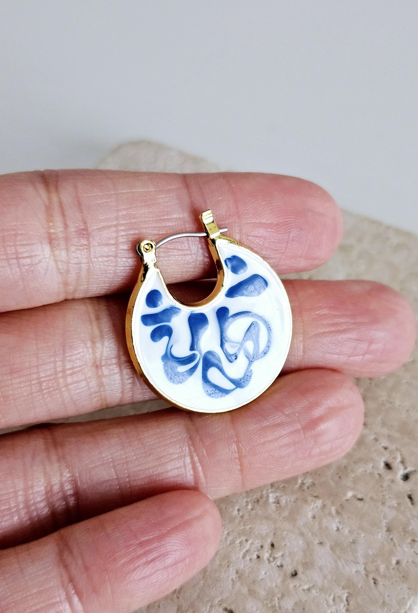 Gold Hoop Earrings Blue White Enamel Portugal Ocean Wave Pattern Handcrafted Unique Gift for Her Anniversary Jewelry Mediterranean Gift