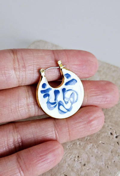 Gold Hoop Earrings Blue White Enamel Portugal Ocean Wave Pattern Handcrafted Unique Gift for Her Anniversary Jewelry Mediterranean Gift