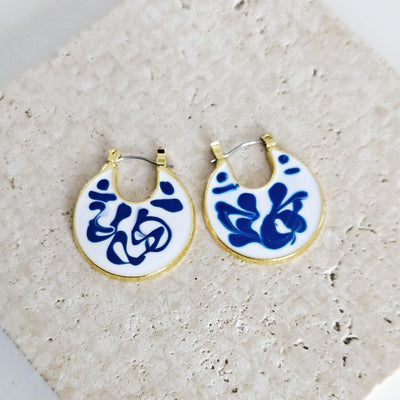 Gold Hoop Earrings Blue White Enamel Portugal Ocean Wave Pattern Handcrafted Unique Gift for Her Anniversary Jewelry Mediterranean Gift