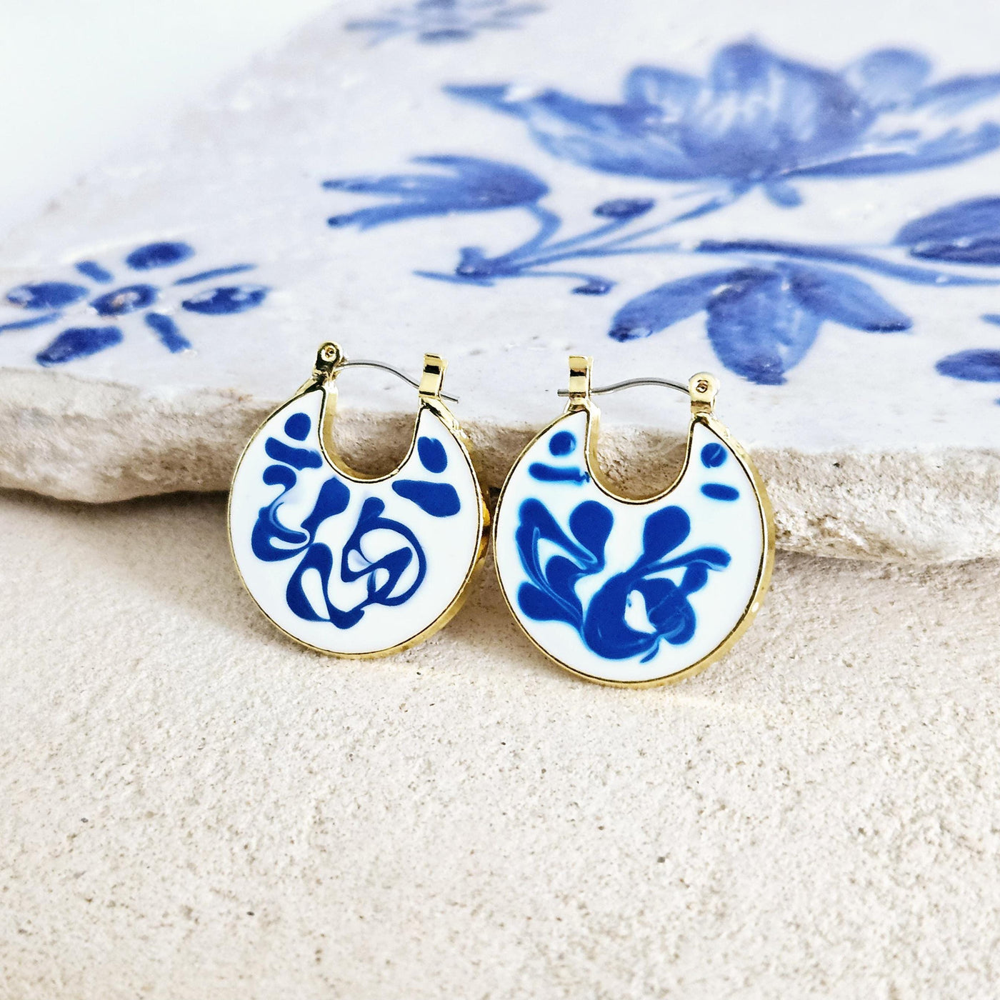 Gold Hoop Earrings Blue White Enamel Portugal Ocean Wave Pattern Handcrafted Unique Gift for Her Anniversary Jewelry Mediterranean Gift