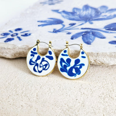 Gold Hoop Earrings Blue White Enamel Portugal Ocean Wave Pattern Handcrafted Unique Gift for Her Anniversary Jewelry Mediterranean Gift