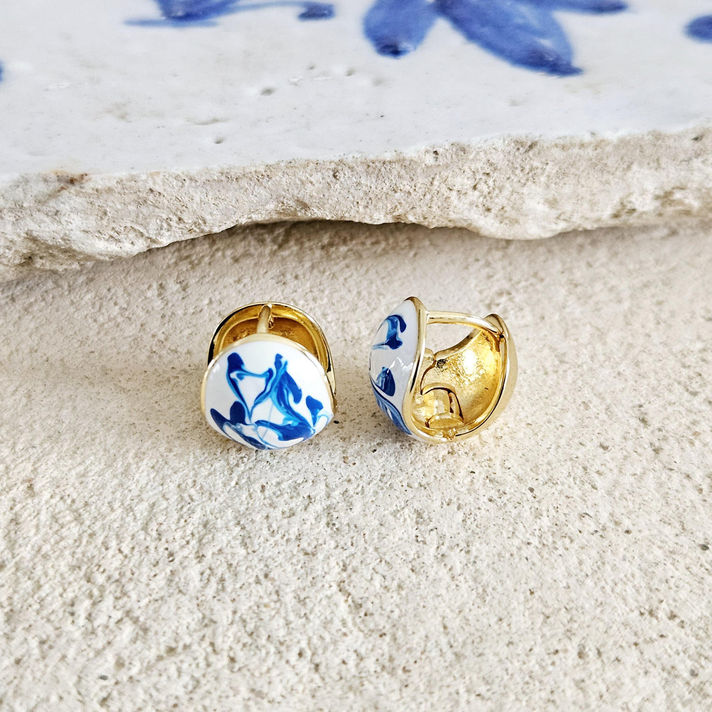 Globe Ball Hoop Earring Blue White Enamel Portugal Ocean Wave Pattern Handcrafted Unique Gift for Her Anniversary Jewelry Mediterranean Gift