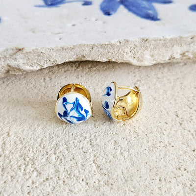 Globe Ball Hoop Earring Blue White Enamel Portugal Ocean Wave Pattern Handcrafted Unique Gift for Her Anniversary Jewelry Mediterranean Gift