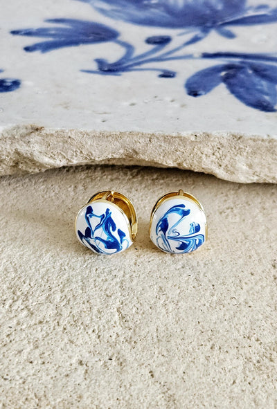 Globe Ball Hoop Earring Blue White Enamel Portugal Ocean Wave Pattern Handcrafted Unique Gift for Her Anniversary Jewelry Mediterranean Gift