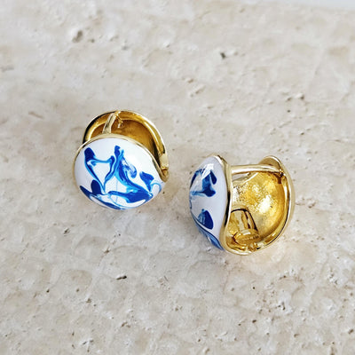 Globe Ball Hoop Earring Blue White Enamel Portugal Ocean Wave Pattern Handcrafted Unique Gift for Her Anniversary Jewelry Mediterranean Gift