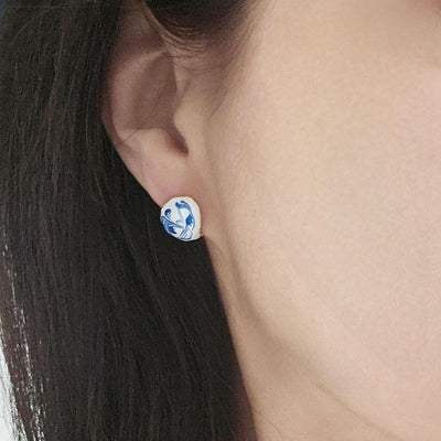 Globe Ball Hoop Earring Blue White Enamel Portugal Ocean Wave Pattern Handcrafted Unique Gift for Her Anniversary Jewelry Mediterranean Gift