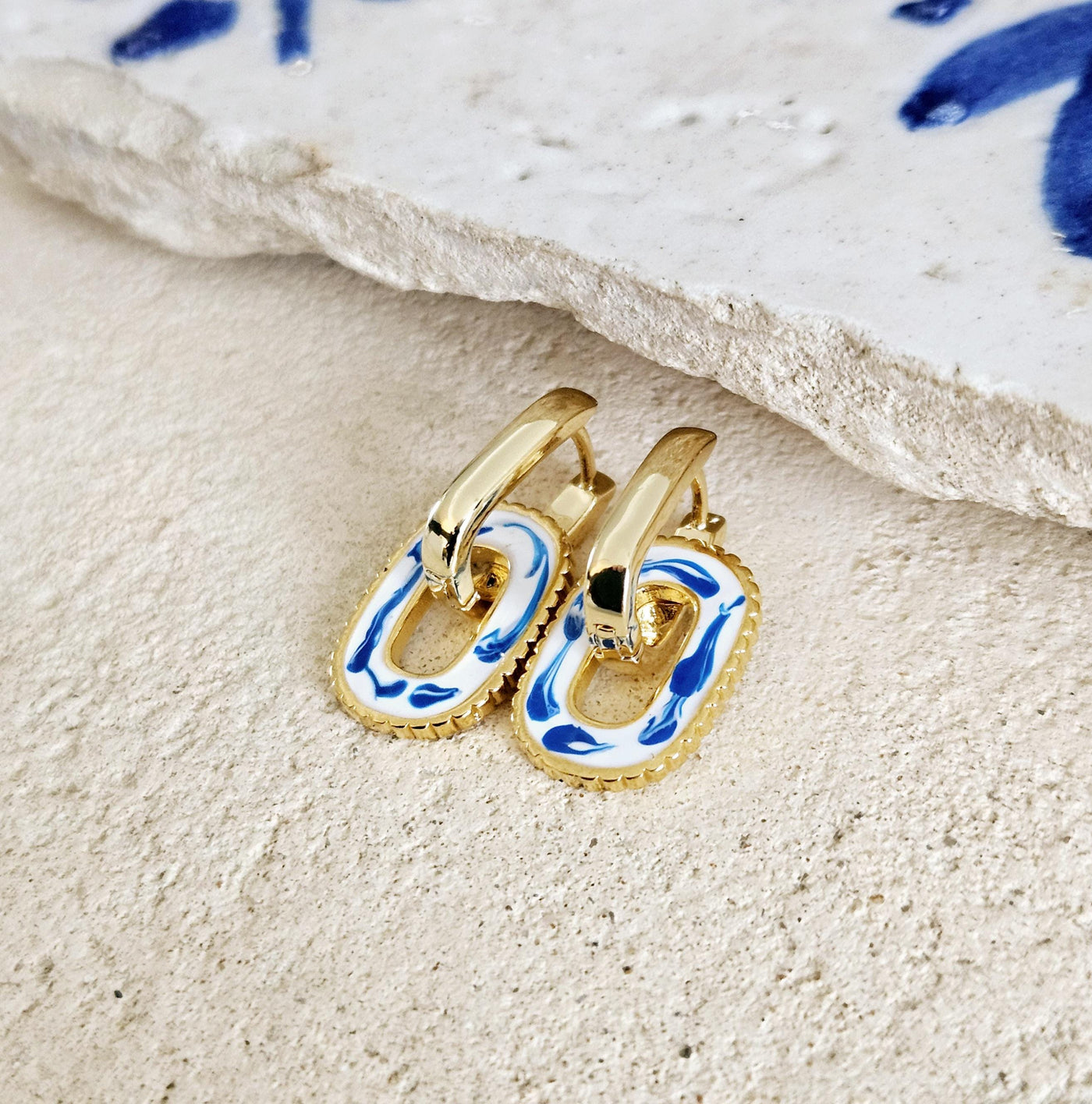 Round Rectangle 925 Gold Hoop Earring Blue White Enamel Ocean Wave Pattern Handcrafted Gift for Her Anniversary Jewelry Mediterranean Gift