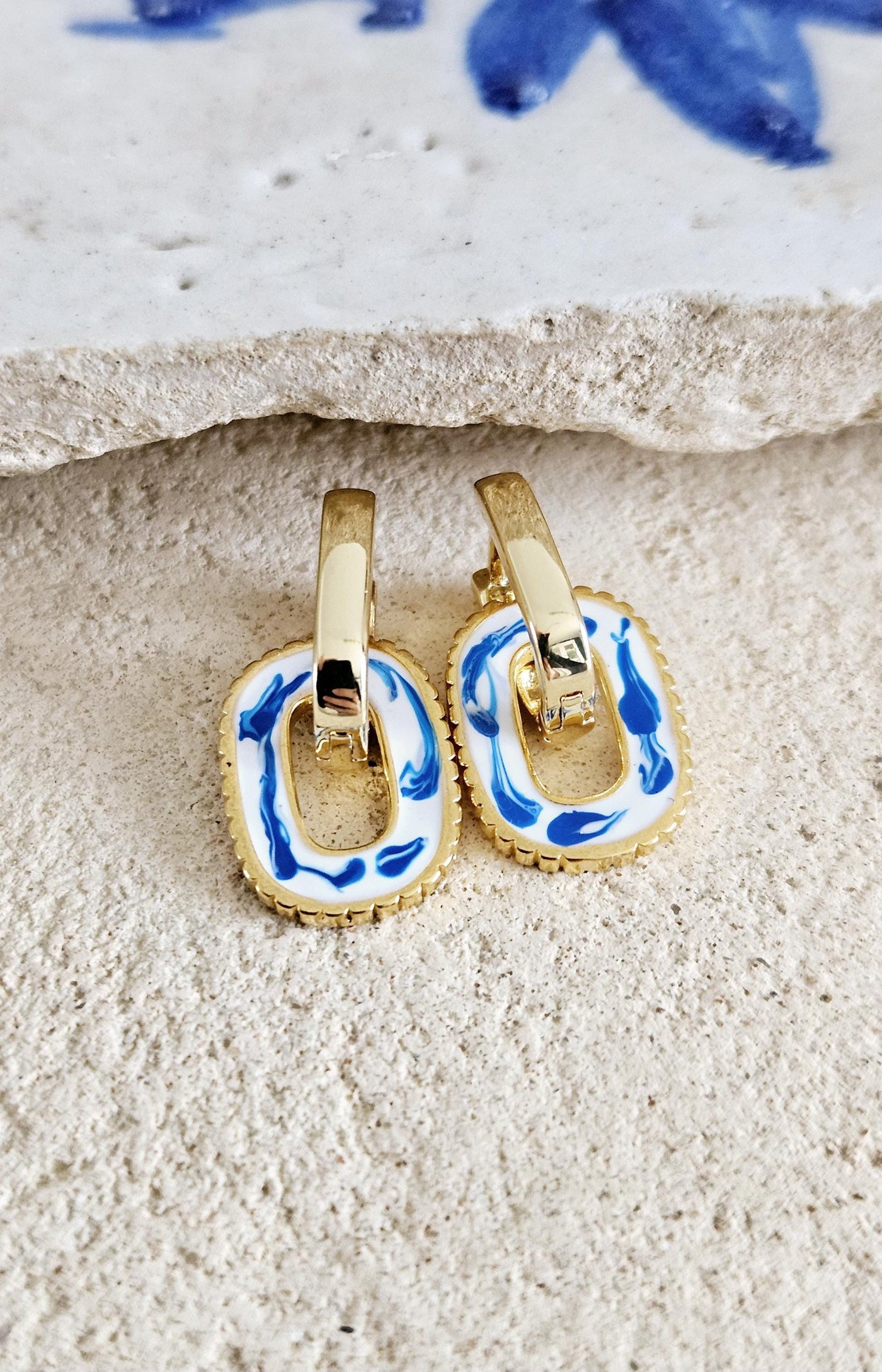 Round Rectangle 925 Gold Hoop Earring Blue White Enamel Ocean Wave Pattern Handcrafted Gift for Her Anniversary Jewelry Mediterranean Gift