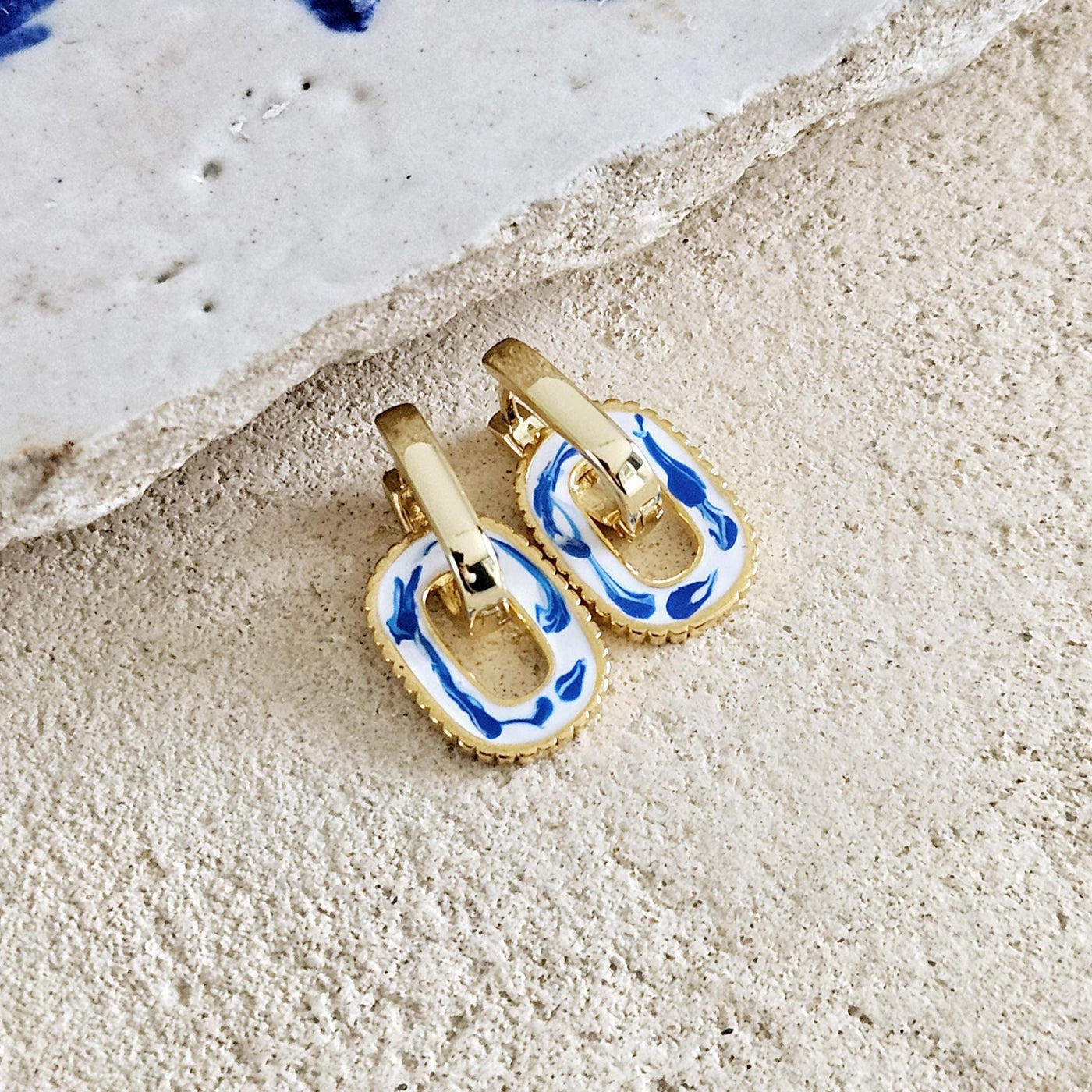 Round Rectangle 925 Gold Hoop Earring Blue White Enamel Ocean Wave Pattern Handcrafted Gift for Her Anniversary Jewelry Mediterranean Gift