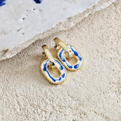 Round Rectangle 925 Gold Hoop Earring Blue White Enamel Ocean Wave Pattern Handcrafted Gift for Her Anniversary Jewelry Mediterranean Gift
