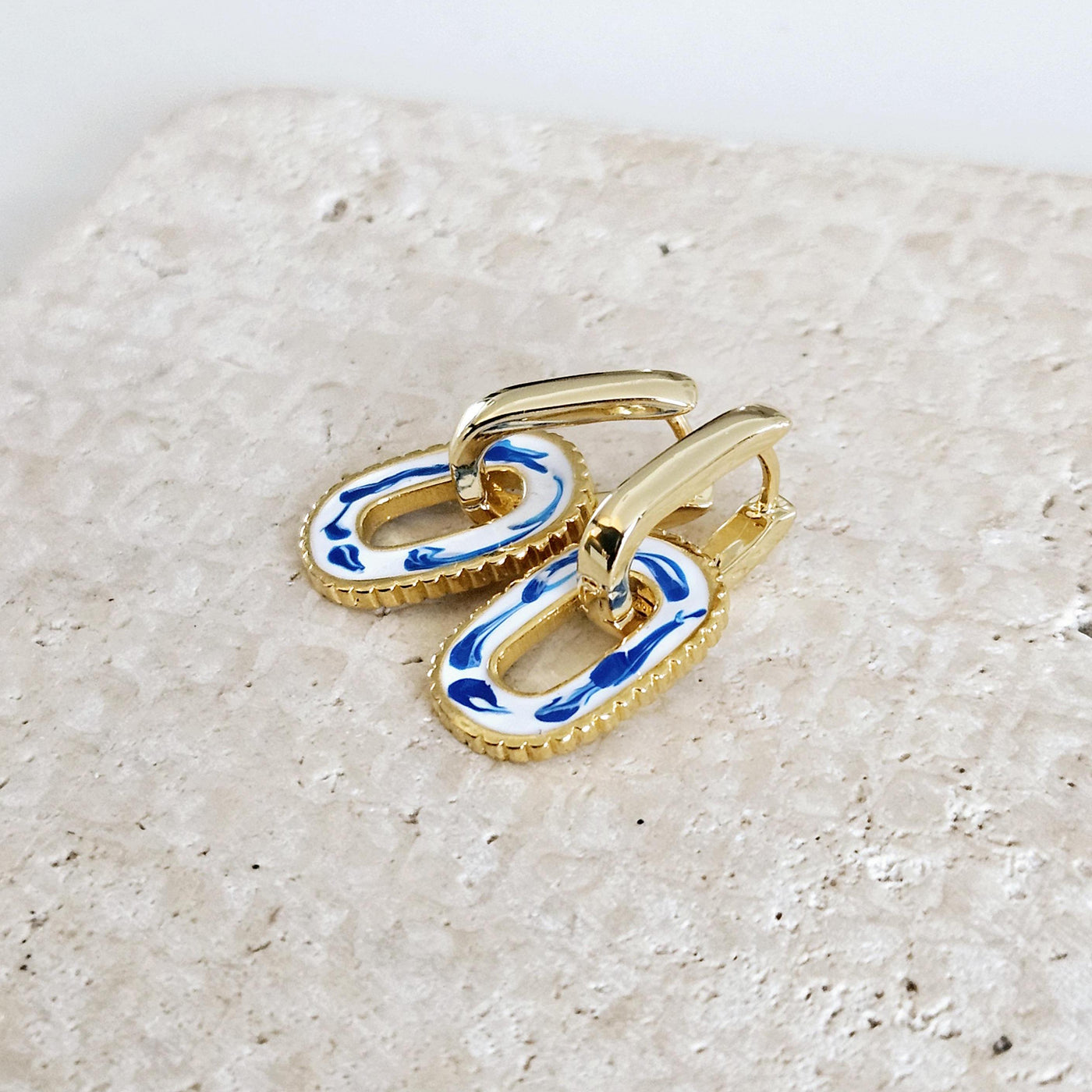 Round Rectangle 925 Gold Hoop Earring Blue White Enamel Ocean Wave Pattern Handcrafted Gift for Her Anniversary Jewelry Mediterranean Gift