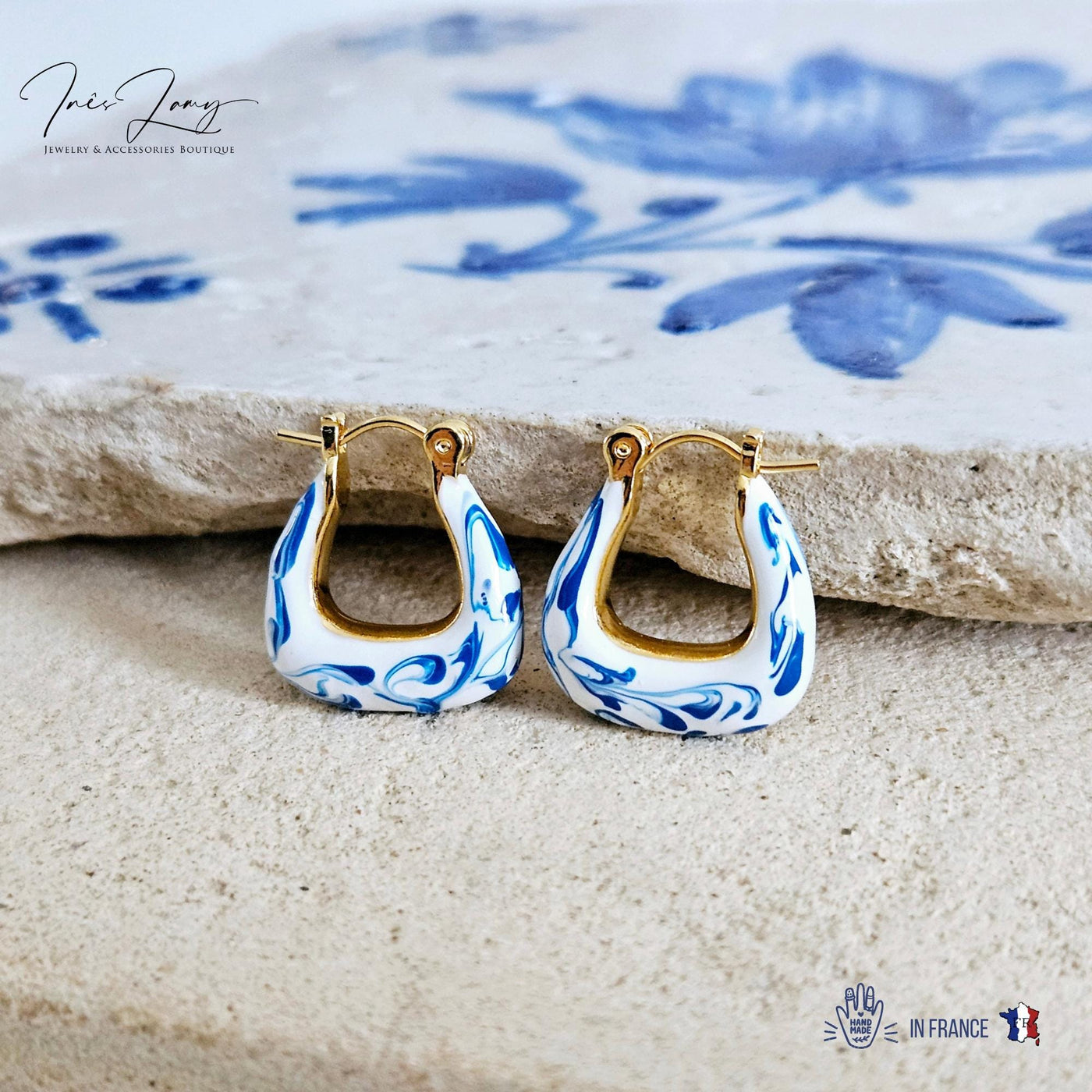 Geometric Gold Vermeil Hoop Earring Blue White Enamel Ocean Wave Pattern Handcrafted Gift for Her Anniversary Jewelry Mediterranean Gift