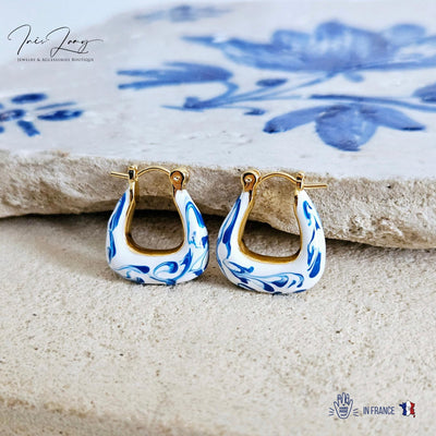 Geometric Gold Vermeil Hoop Earring Blue White Enamel Ocean Wave Pattern Handcrafted Gift for Her Anniversary Jewelry Mediterranean Gift