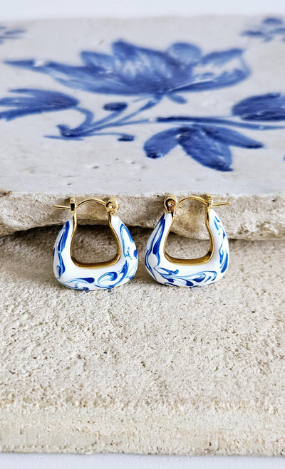 Geometric Gold Vermeil Hoop Earring Blue White Enamel Ocean Wave Pattern Handcrafted Gift for Her Anniversary Jewelry Mediterranean Gift