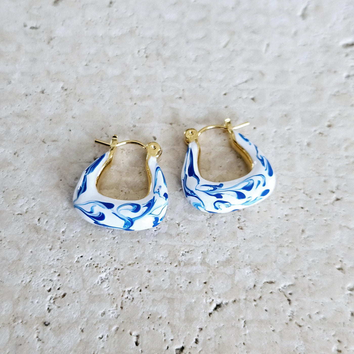 Geometric Gold Vermeil Hoop Earring Blue White Enamel Ocean Wave Pattern Handcrafted Gift for Her Anniversary Jewelry Mediterranean Gift