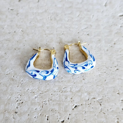 Geometric Gold Vermeil Hoop Earring Blue White Enamel Ocean Wave Pattern Handcrafted Gift for Her Anniversary Jewelry Mediterranean Gift